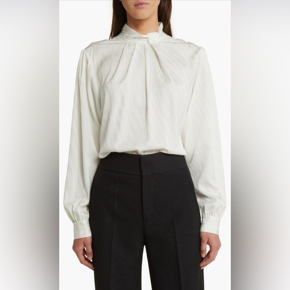 Frame Crepe De Chine Jacquard Blouse Size Small In Cream High Neck Long Sleeve - Picture 1 of 11